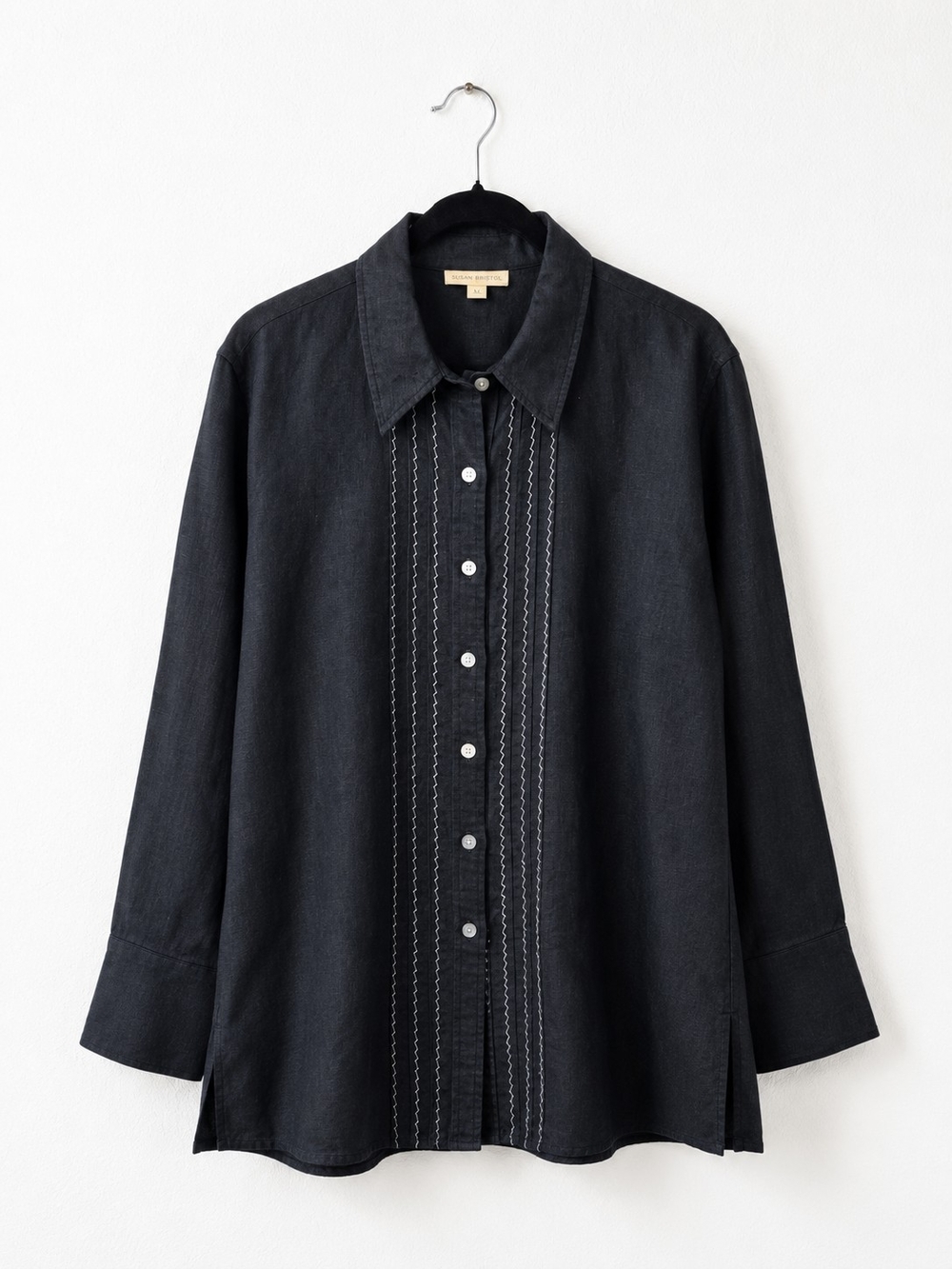 Susan Bristol 100% Linen Button Front Shirt XL Black Embroidered Tunic Top